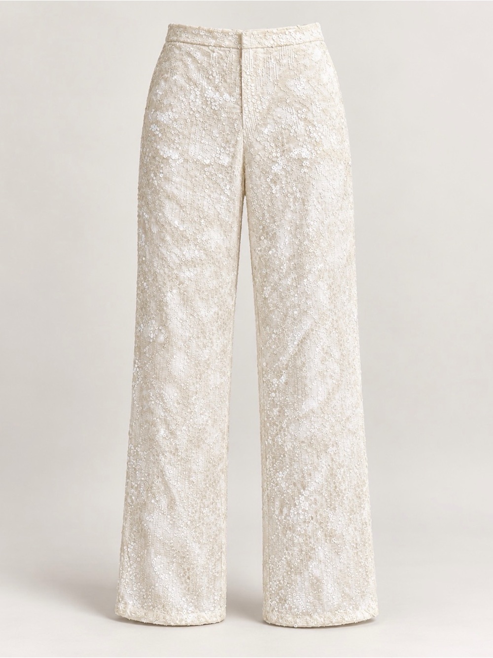 Elegant Sequin Cream Women's Blazer & Wide-Leg Pants Set - Picture 3 of 4